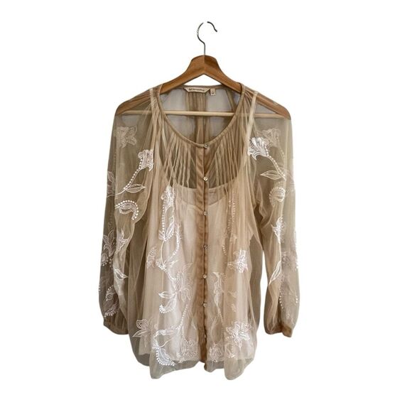 Soft Surroundings Sheer Mesh Embroidered Tunic Top Size L Boho Beachy Loose - Picture 1 of 11
